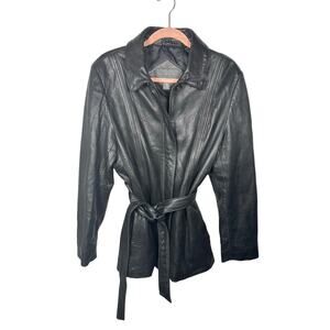 Relativity Black Soft Leather Tie Waist Zip Up Jacket Women's XL